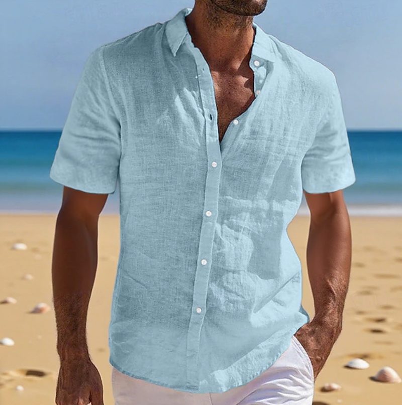 Relaxed Fit Linen Short Sleeve Shirt for Men