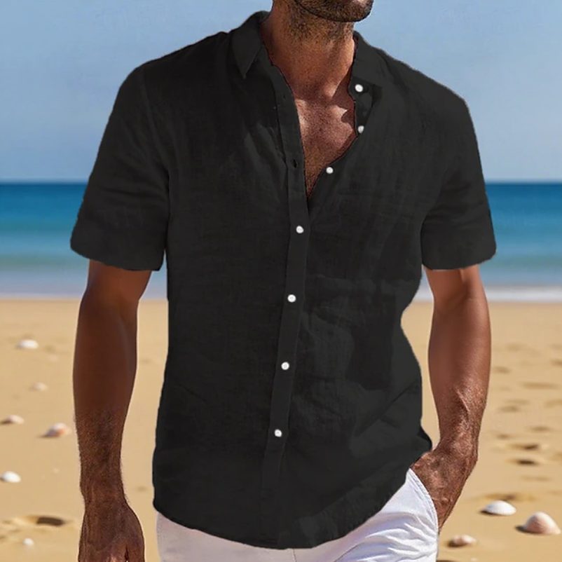 Relaxed Fit Linen Short Sleeve Shirt for Men - Black