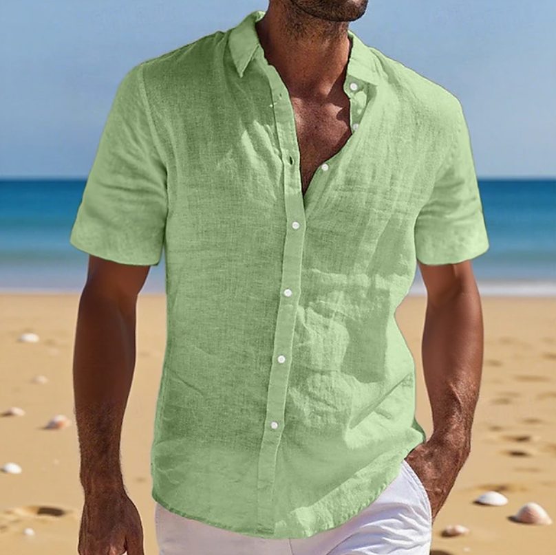 Relaxed Fit Linen Short Sleeve Shirt for Men - Light Green