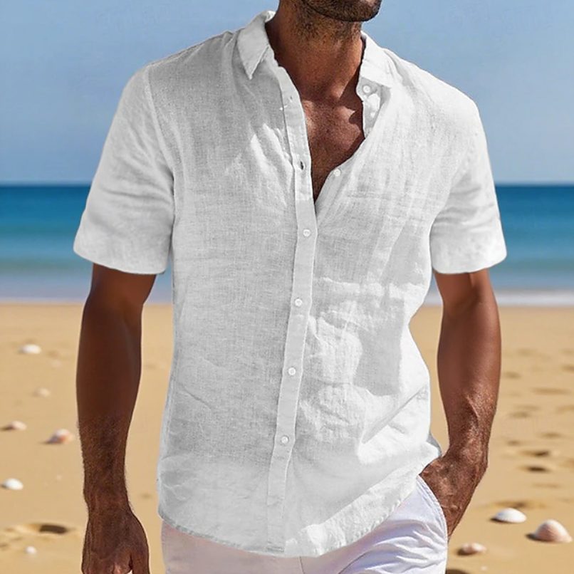 Relaxed Fit Linen Short Sleeve Shirt for Men - White