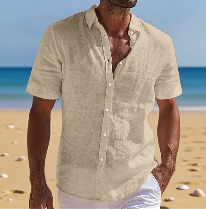 Relaxed Fit Linen Short Sleeve Shirt for Men - Beige