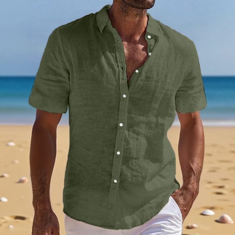Relaxed Fit Linen Short Sleeve Shirt for Men - Green