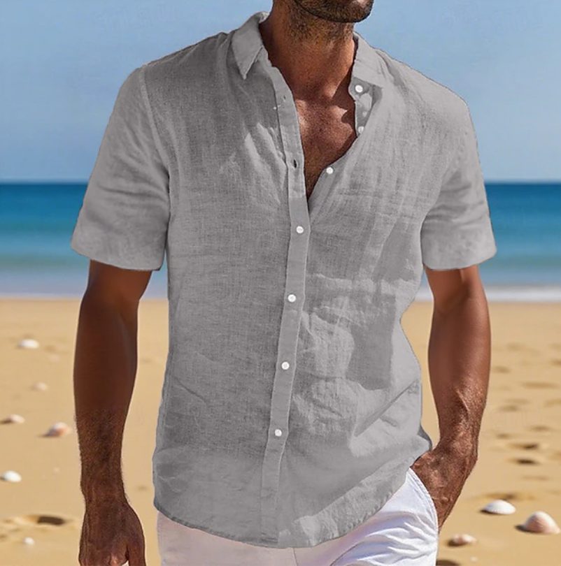 Relaxed Fit Linen Short Sleeve Shirt for Men - Grey