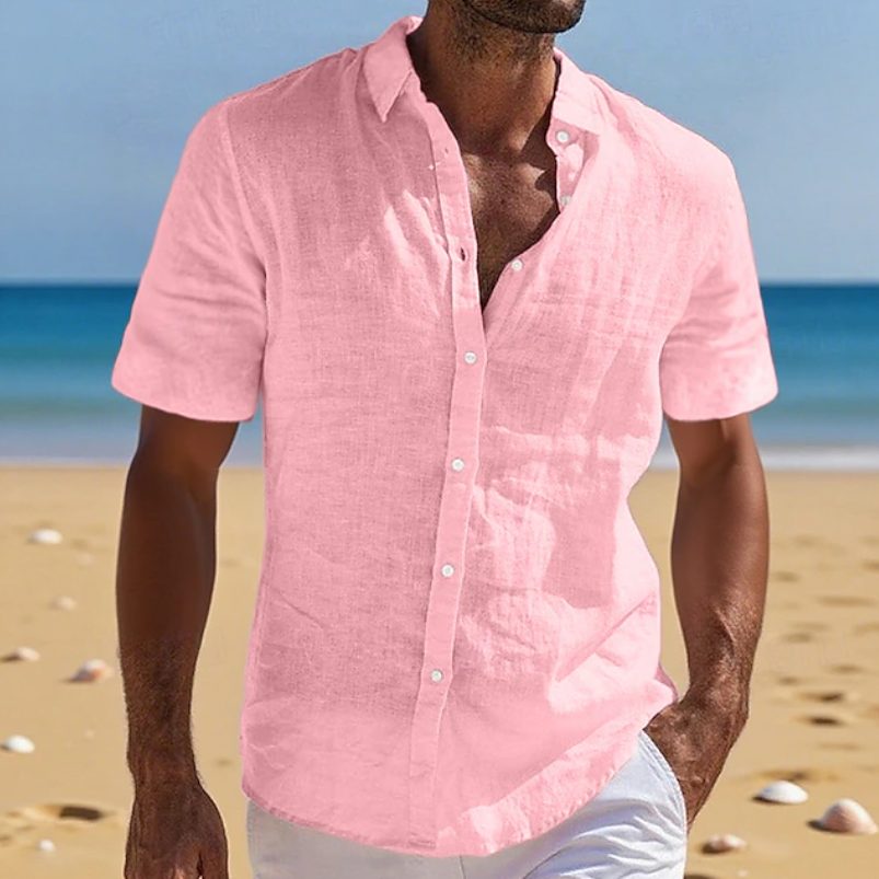 Relaxed Fit Linen Short Sleeve Shirt for Men - Pink