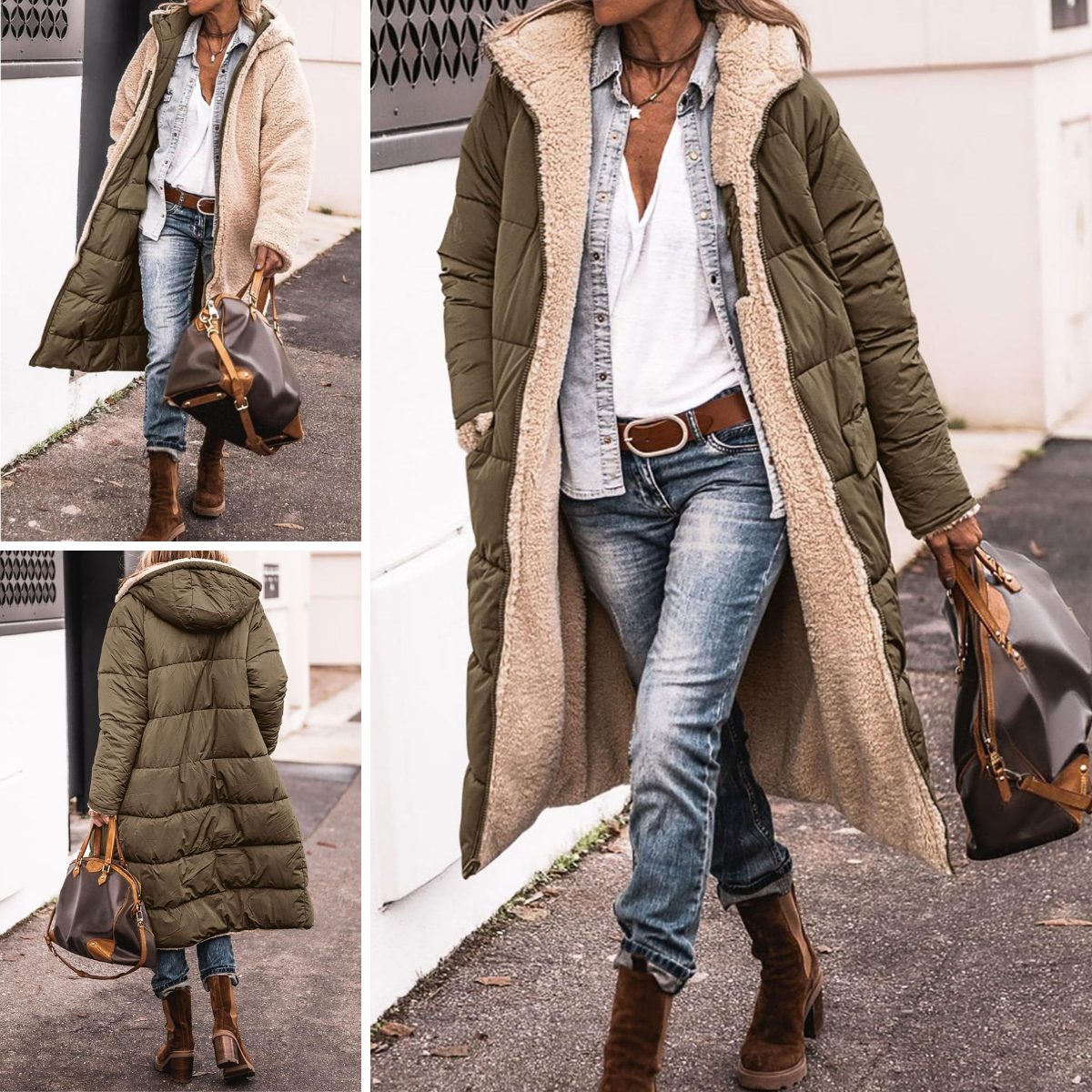 Reversible Sherpa Puffer Coat for Women - Military Green