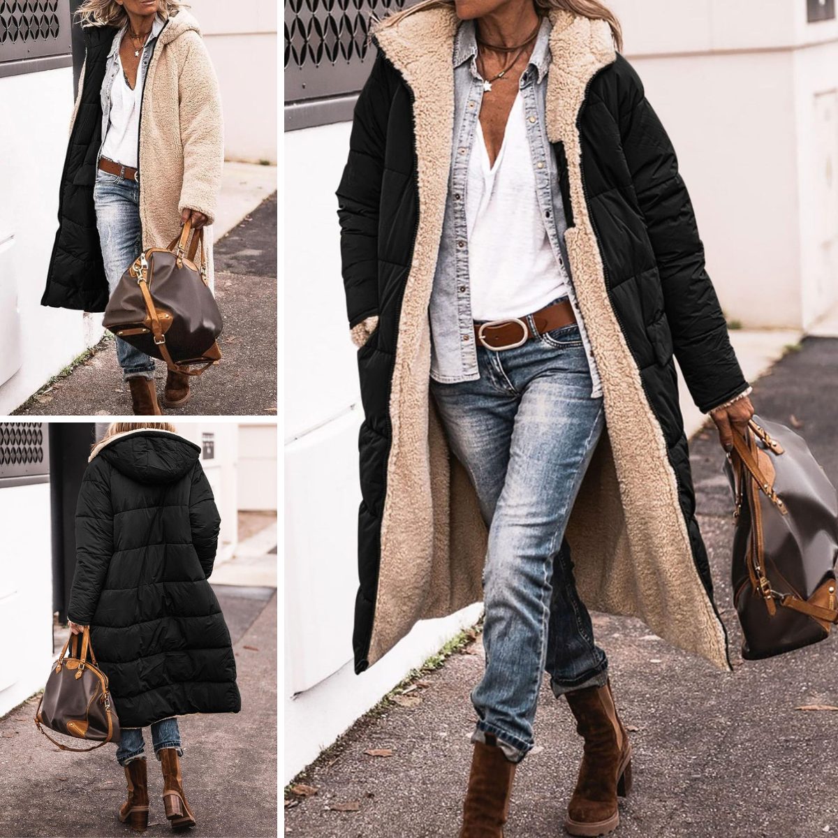 Reversible Sherpa Puffer Coat for Women - Black