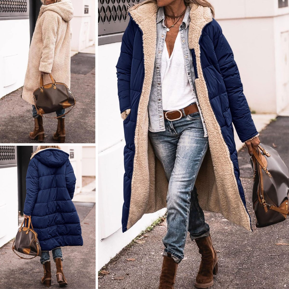Reversible Sherpa Puffer Coat for Women - Navy