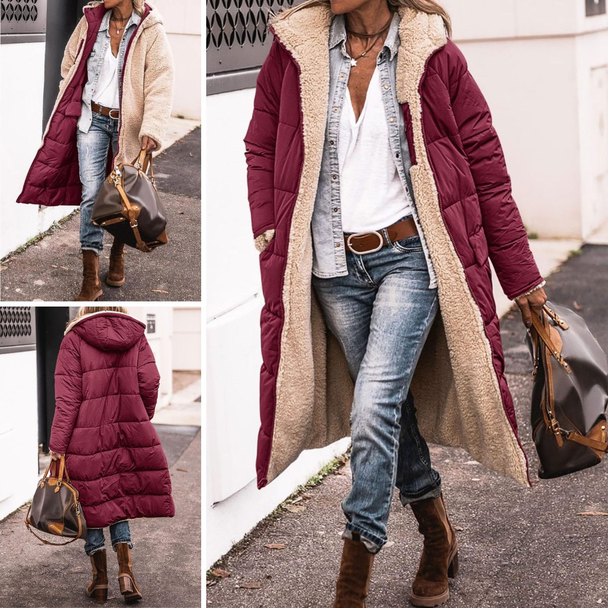 Reversible Sherpa Puffer Coat for Women - Burgundy
