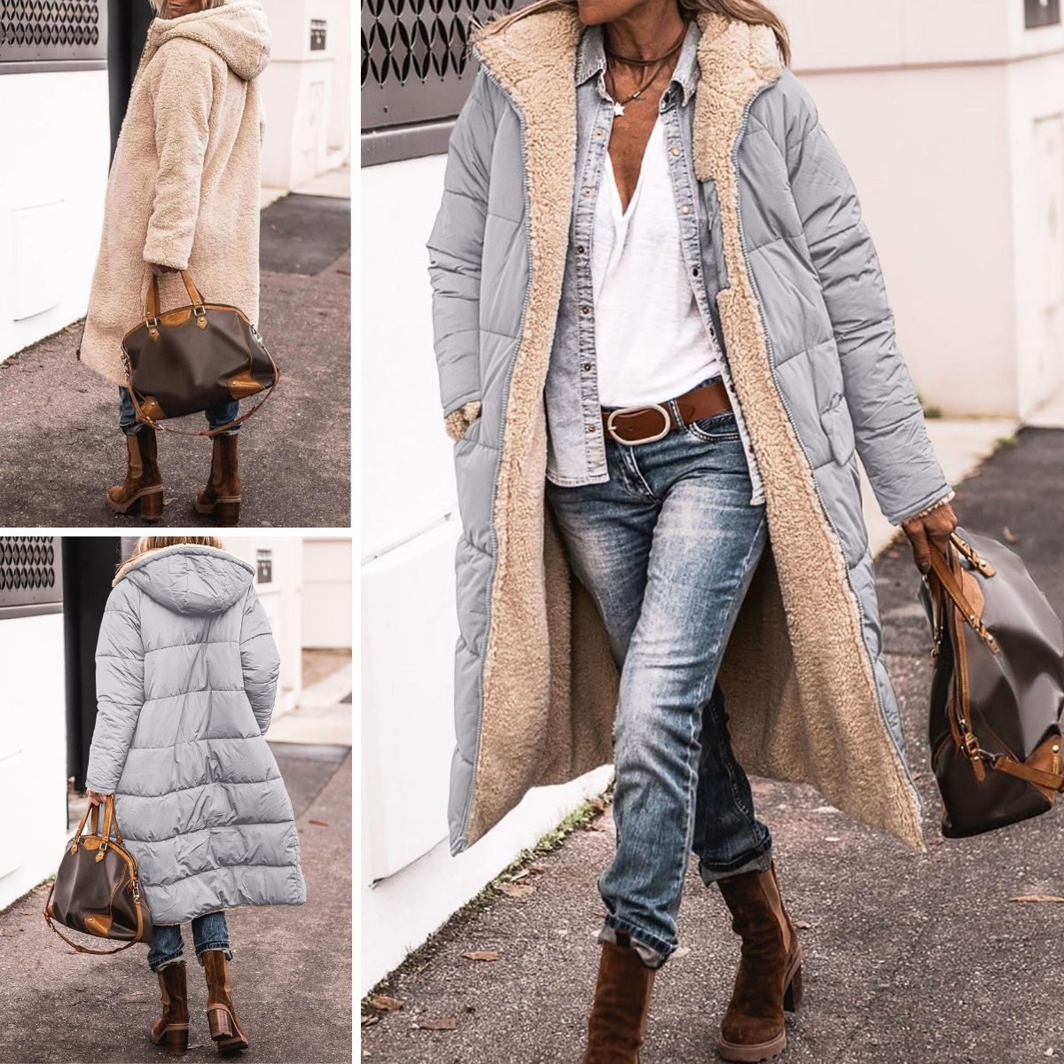 Reversible Sherpa Puffer Coat for Women - Grey