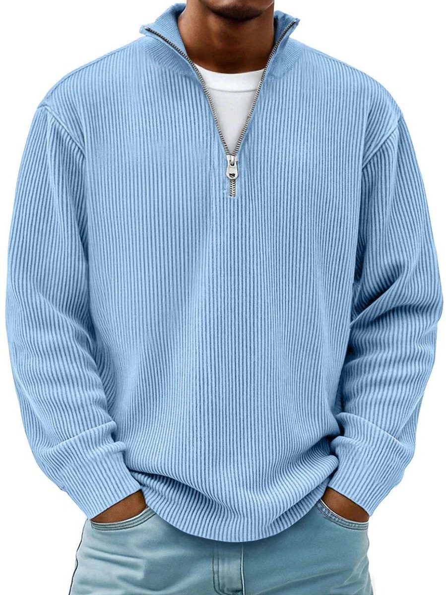 Ribbed Knit Quarter-Zip Jumper with Stand Collar for Men - Blue