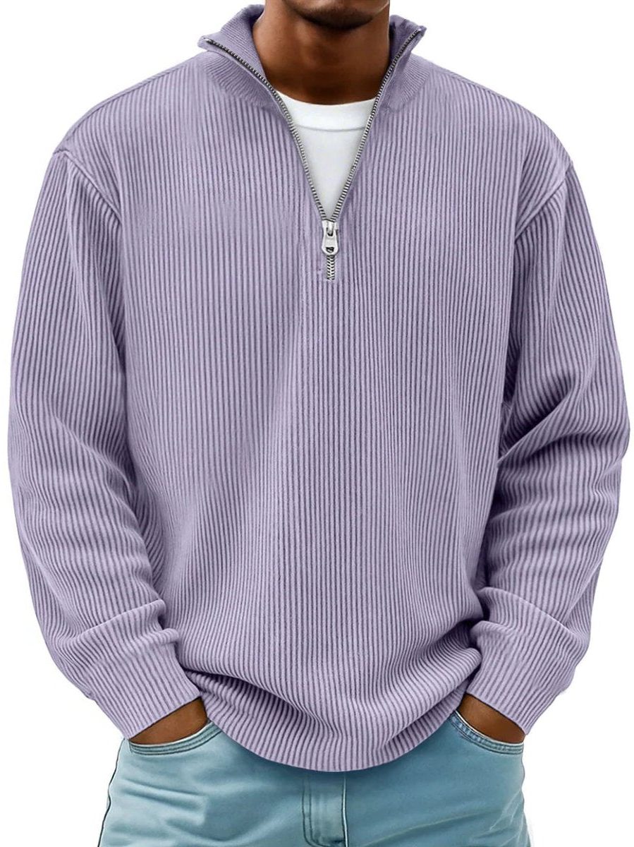 Ribbed Knit Quarter-Zip Jumper with Stand Collar for Men - Purple