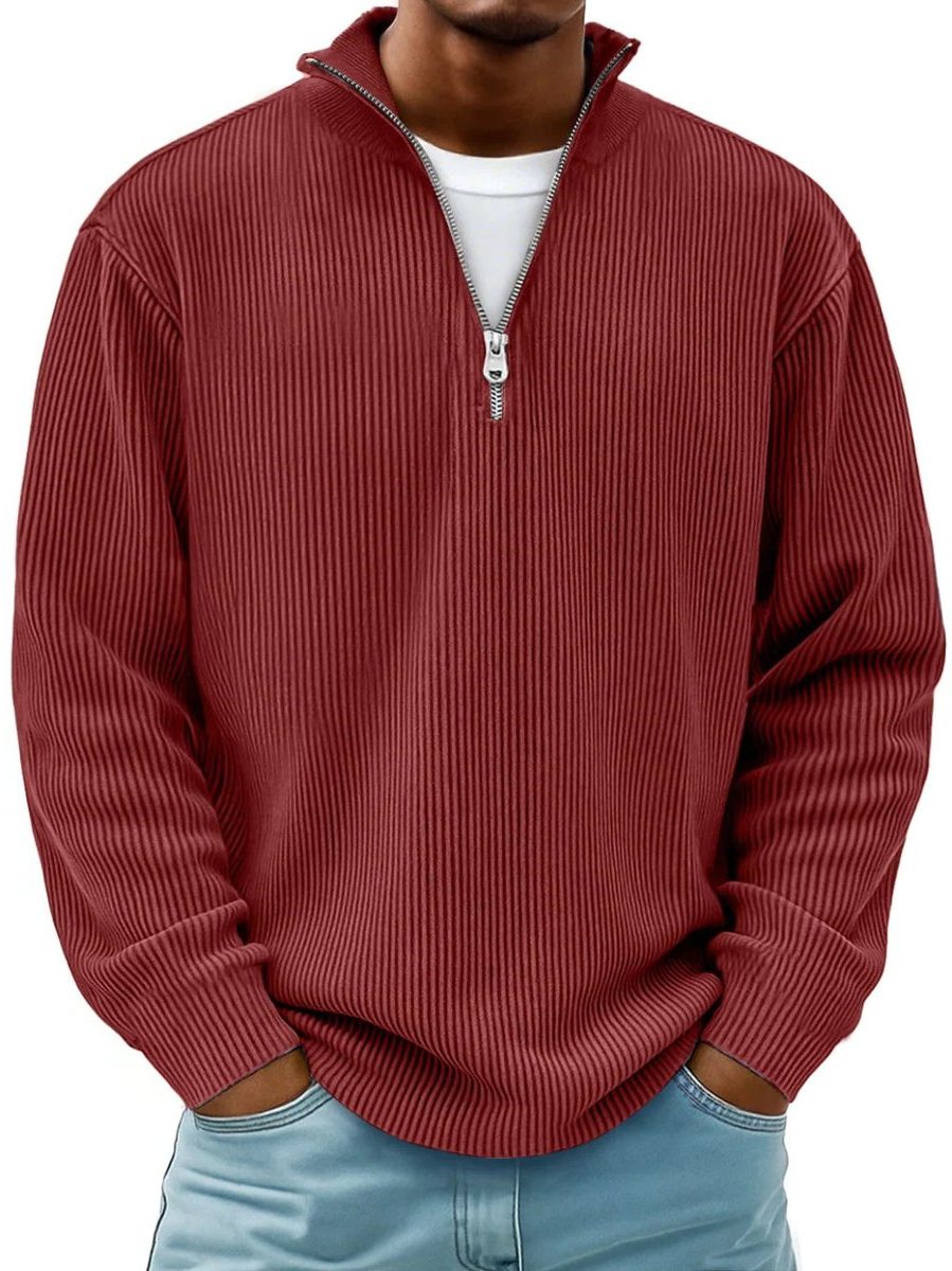 Ribbed Knit Quarter-Zip Jumper with Stand Collar for Men