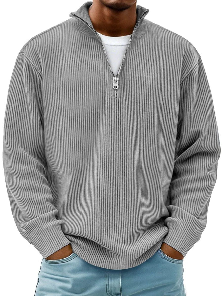 Ribbed Knit Quarter-Zip Jumper with Stand Collar for Men - Grey