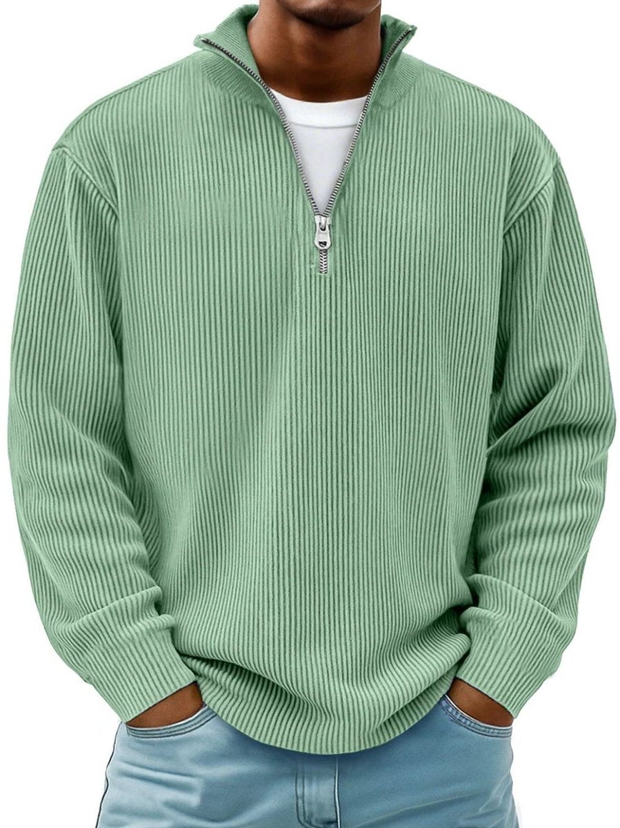 Ribbed Knit Quarter-Zip Jumper with Stand Collar for Men - Green