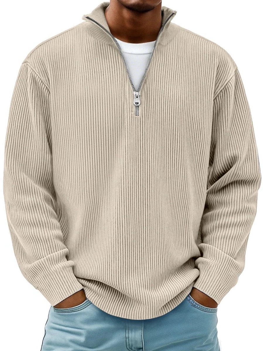 Ribbed Knit Quarter-Zip Jumper with Stand Collar for Men - Khaki
