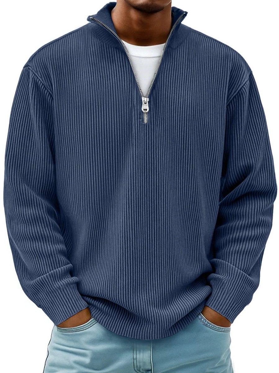 Ribbed Knit Quarter-Zip Jumper with Stand Collar for Men - Navy