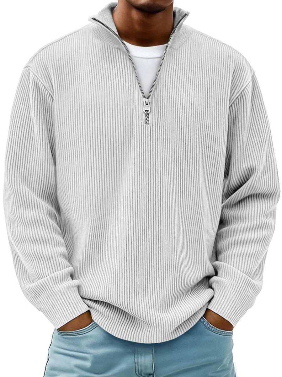 Ribbed Knit Quarter-Zip Jumper with Stand Collar for Men - White