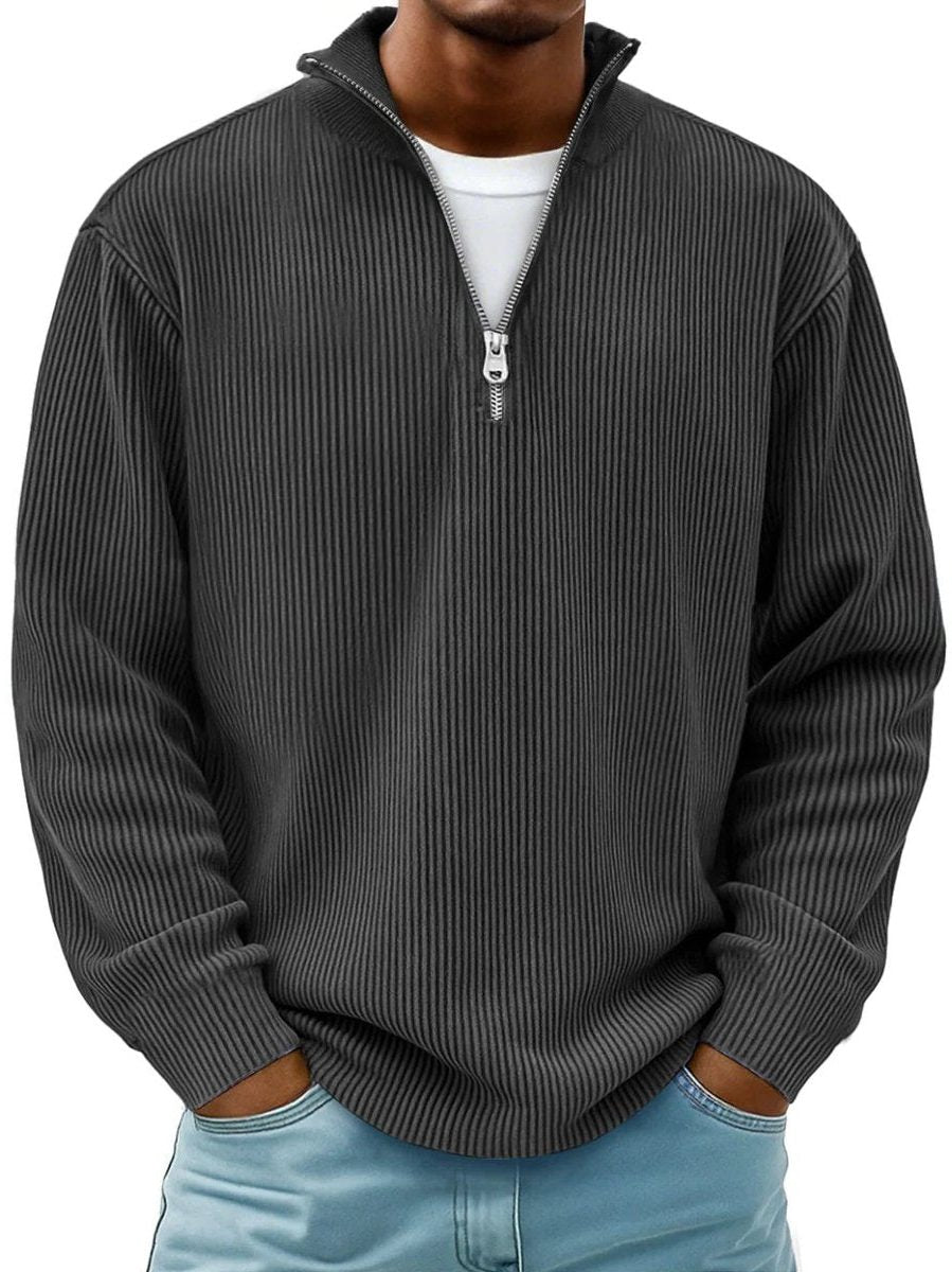 Ribbed Knit Quarter-Zip Jumper with Stand Collar for Men - Black
