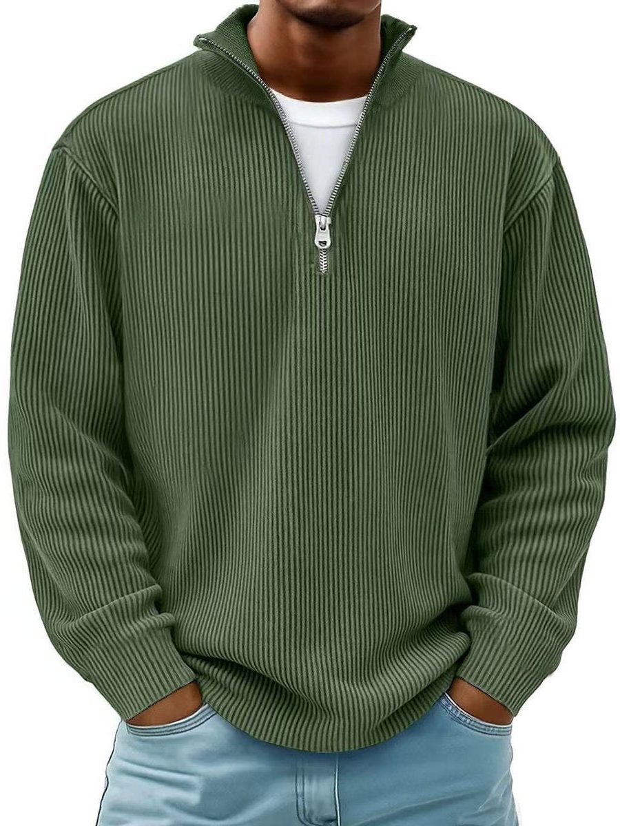 Ribbed Knit Quarter-Zip Jumper with Stand Collar for Men - Olive Green