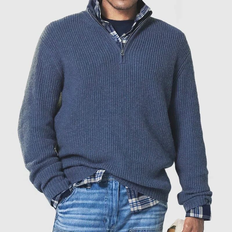 Ribbed Knit Quarter Zip Sweater for Men - Blue