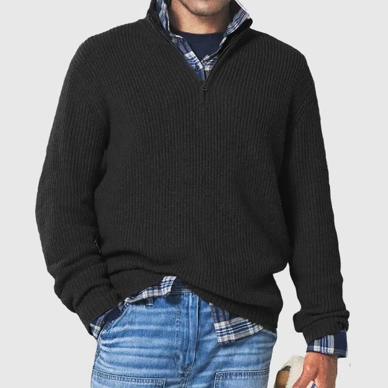 Ribbed Knit Quarter Zip Sweater for Men - Black