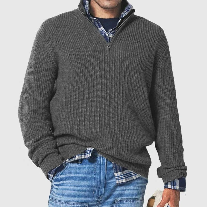 Ribbed Knit Quarter Zip Sweater for Men - Grey