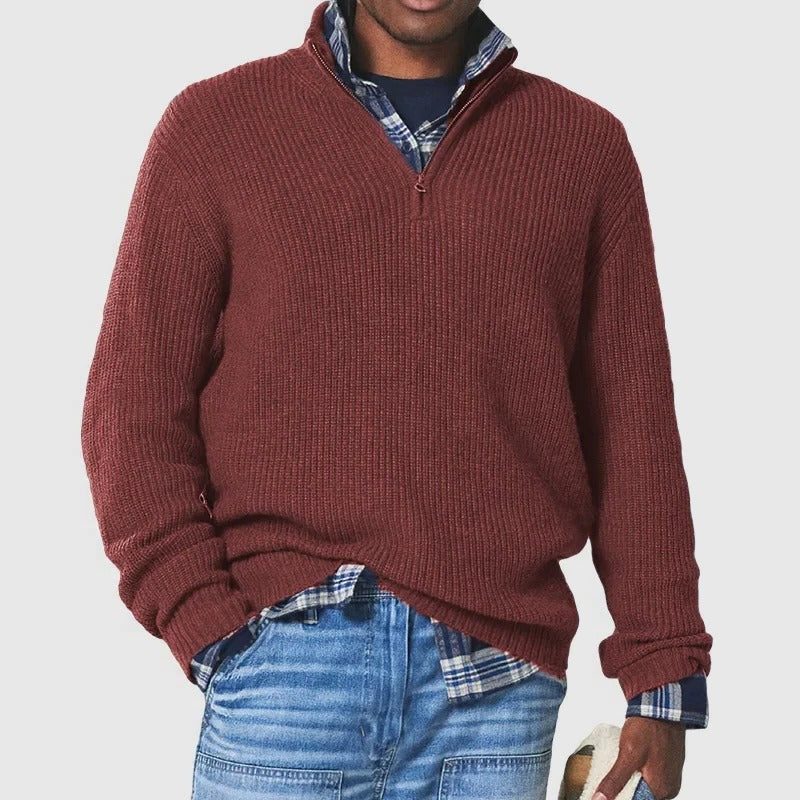 Ribbed Knit Quarter Zip Sweater for Men - Red