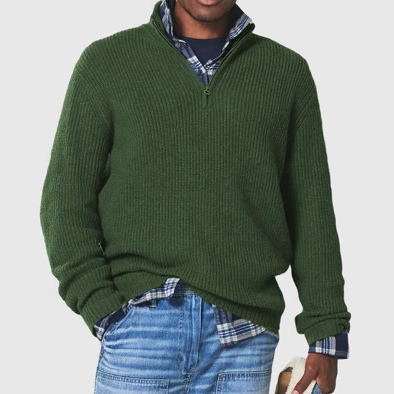 Ribbed Knit Quarter Zip Sweater for Men - Dark Green