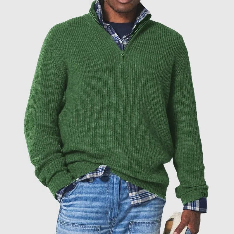Ribbed Knit Quarter Zip Sweater for Men - Green