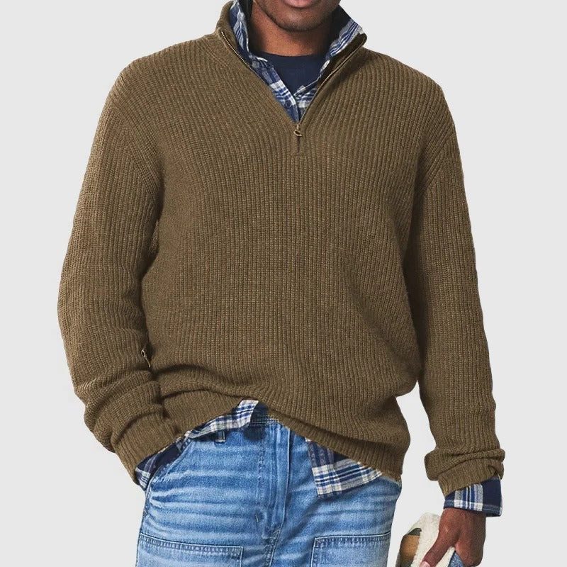 Ribbed Knit Quarter Zip Sweater for Men - Brown