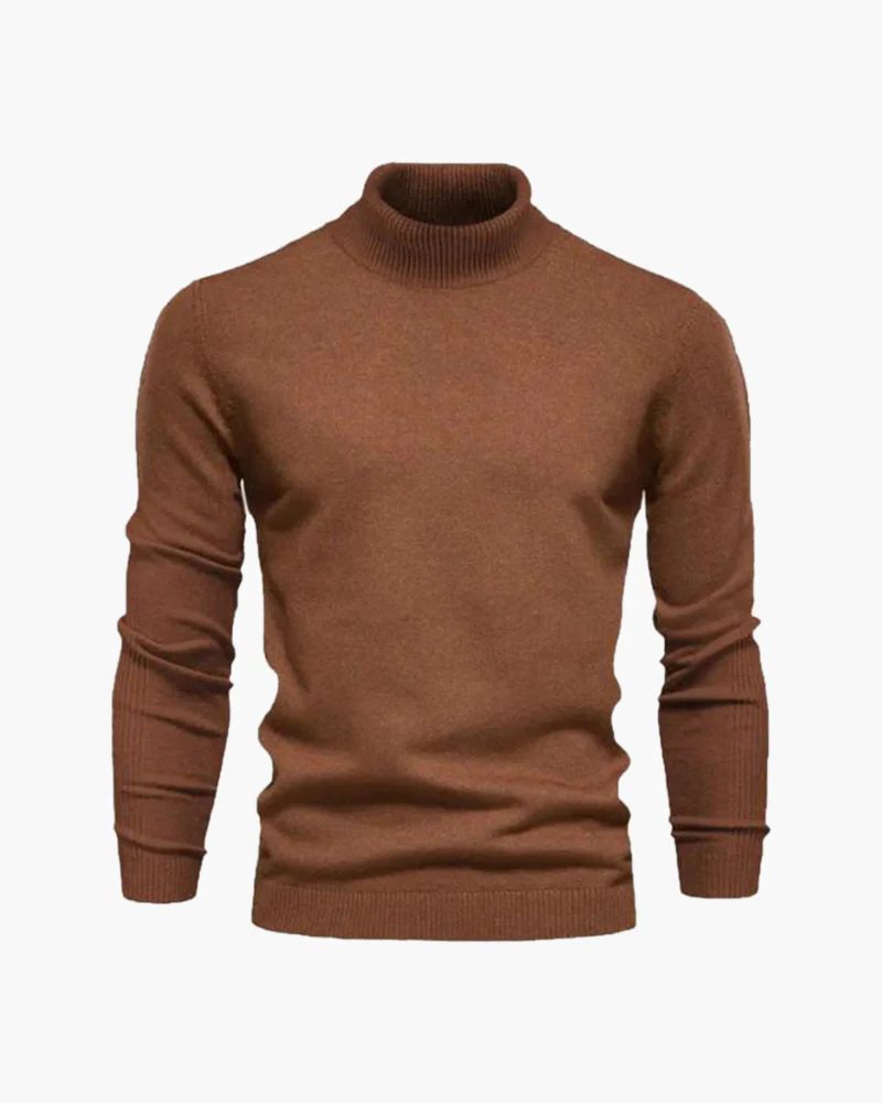 Ribbed Knit Roll Neck Jumper for Men - Brown