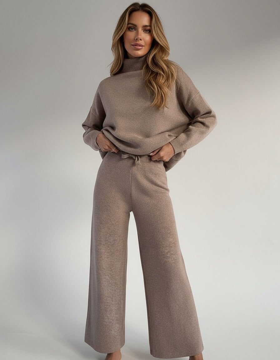 Ribbed Knit Roll Neck Wide Leg Set for Women