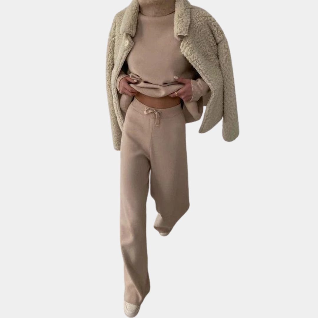 Ribbed Knit Roll Neck Wide Leg Set for Women - View 7