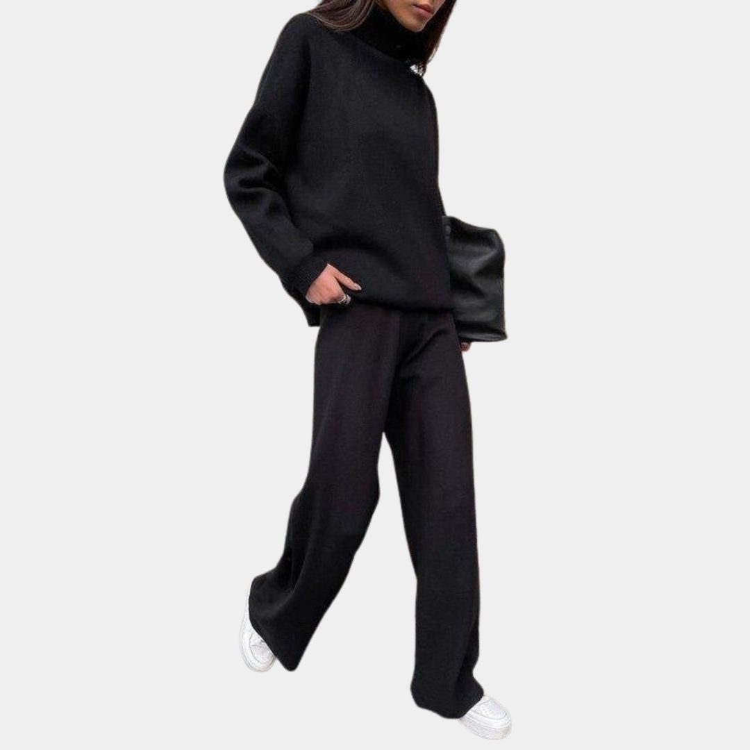 Ribbed Knit Roll Neck Wide Leg Set for Women - View 10
