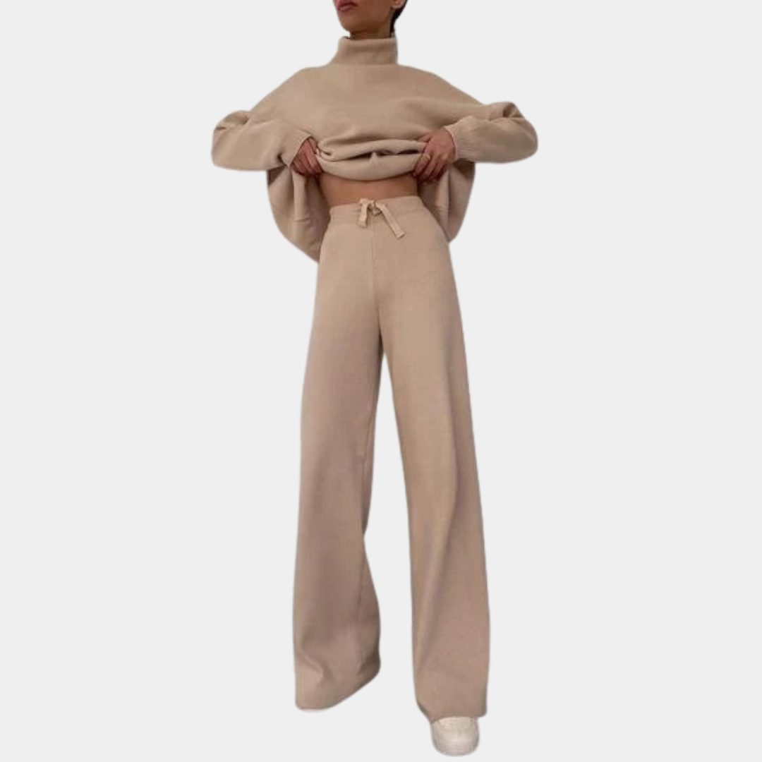 Ribbed Knit Roll Neck Wide Leg Set for Women - Khaki