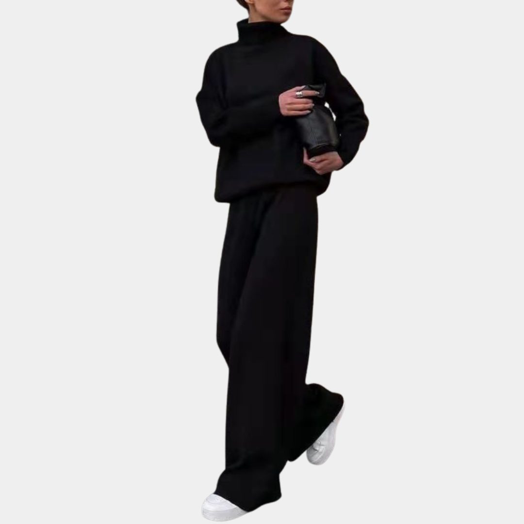 Ribbed Knit Roll Neck Wide Leg Set for Women - Black