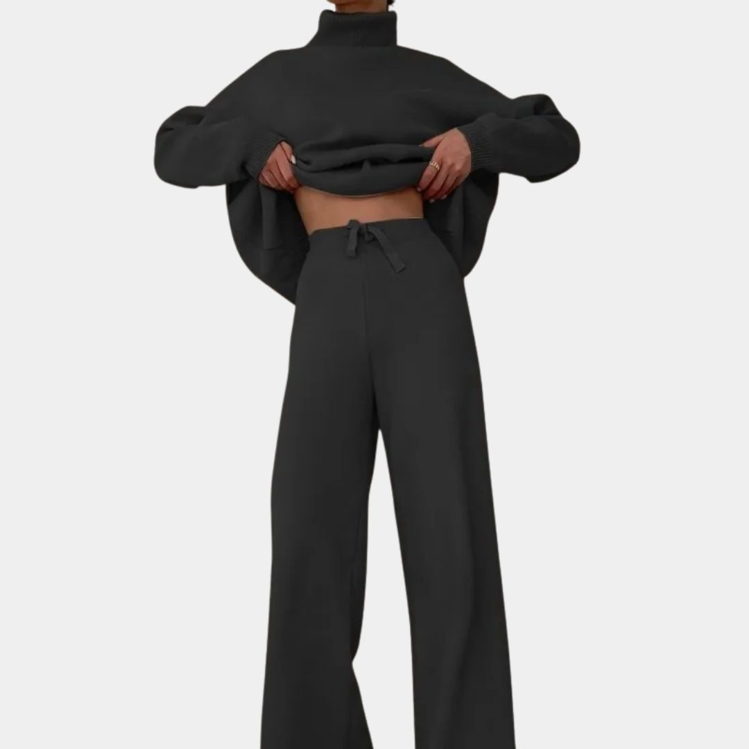 Ribbed Knit Roll Neck Wide Leg Set for Women - Charcoal Grey