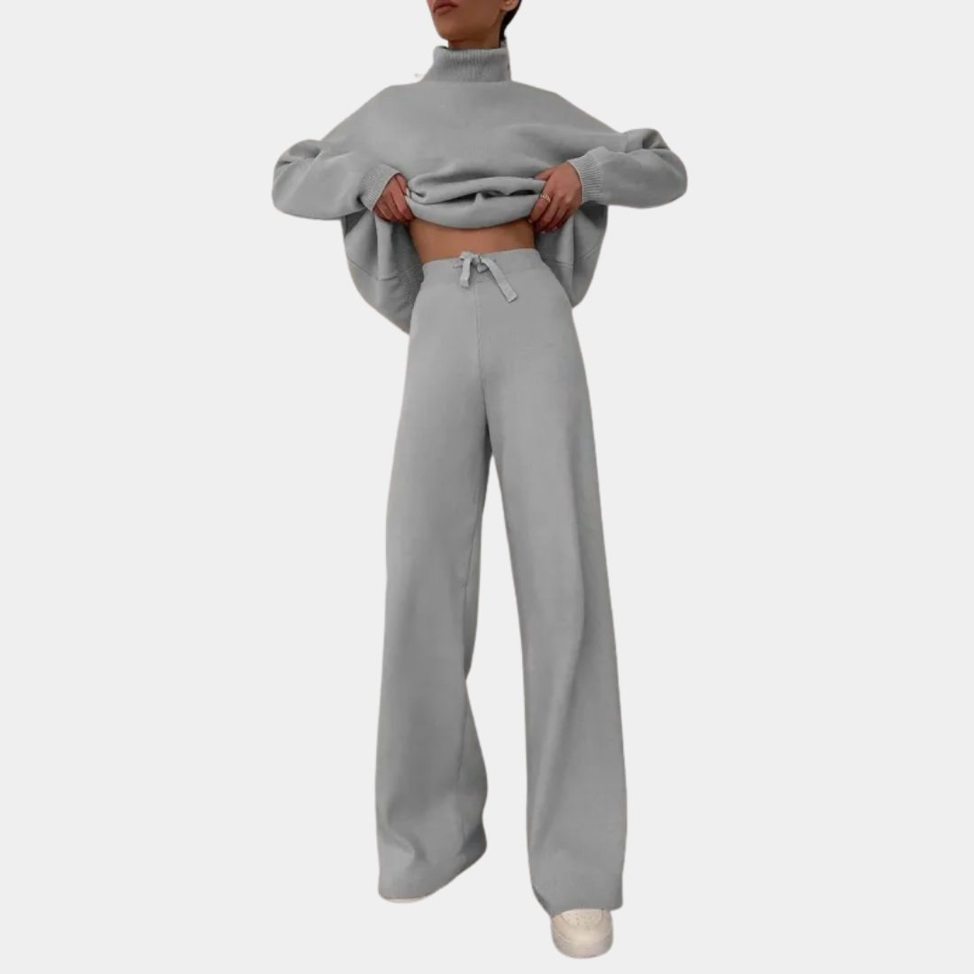 Ribbed Knit Roll Neck Wide Leg Set for Women - Grey