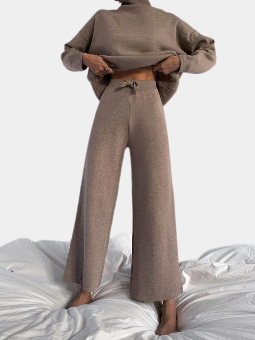 Ribbed Knit Roll Neck Wide Leg Set for Women - View 2