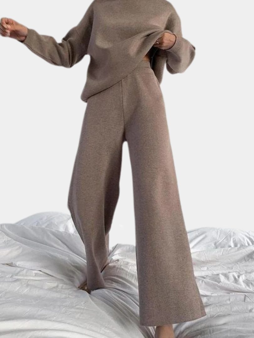 Ribbed Knit Roll Neck Wide Leg Set for Women - View 3