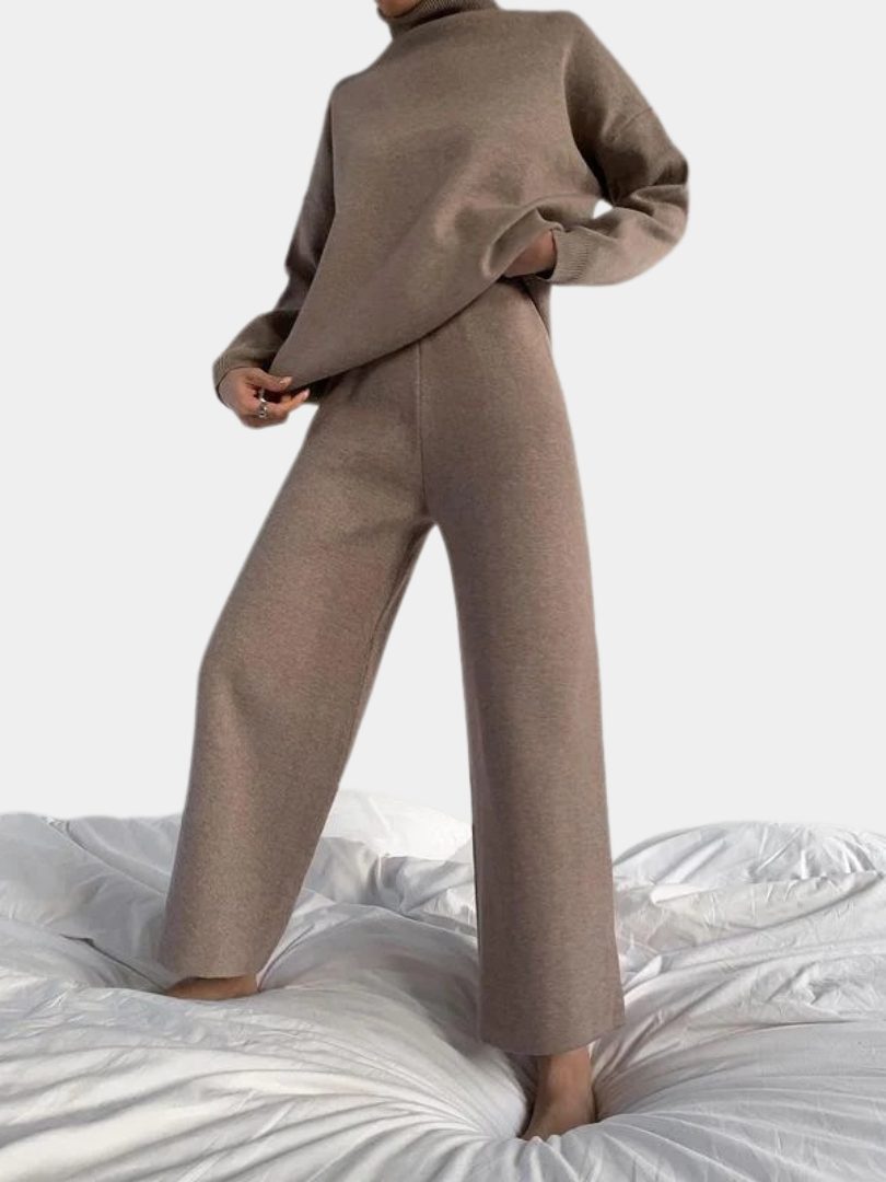 Ribbed Knit Roll Neck Wide Leg Set for Women - View 4