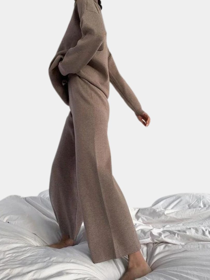 Ribbed Knit Roll Neck Wide Leg Set for Women - View 5