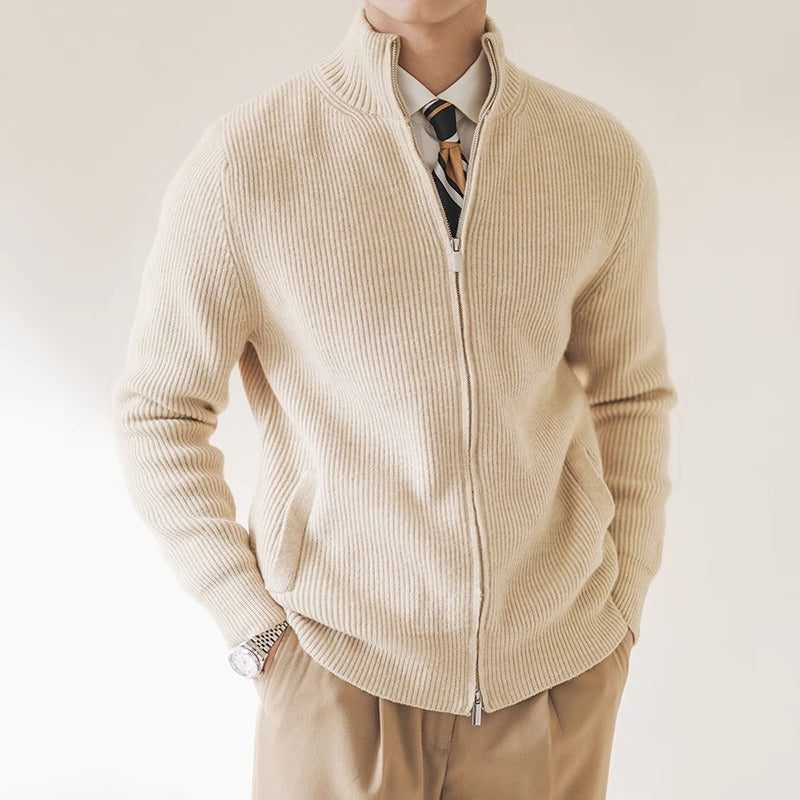Ribbed Knit Slim Fit Cardigan with Stand Collar for Men