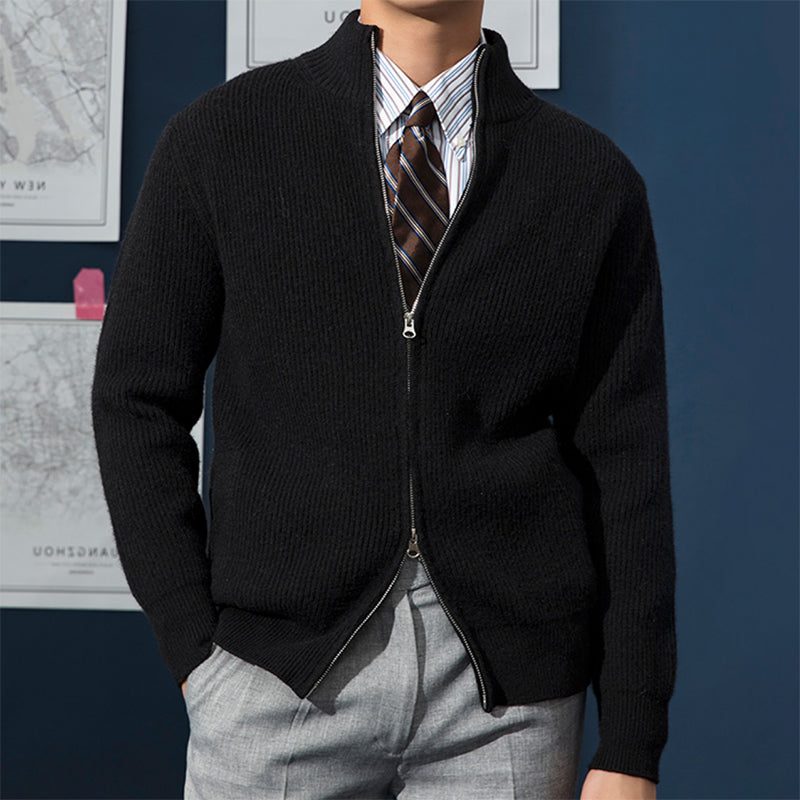 Ribbed Knit Slim Fit Cardigan with Stand Collar for Men - Black