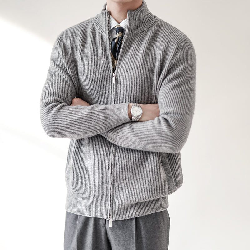 Ribbed Knit Slim Fit Cardigan with Stand Collar for Men - Grey