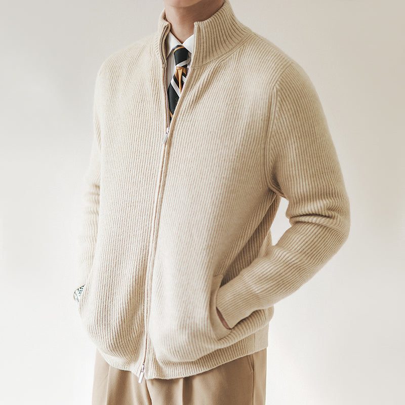 Ribbed Knit Slim Fit Cardigan with Stand Collar for Men - View 2