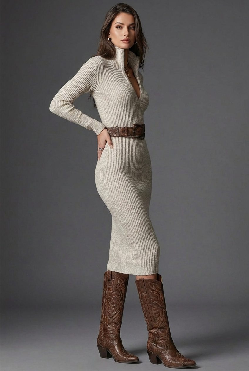 Ribbed Knit V-Neck Midi Dress with Belt for Women