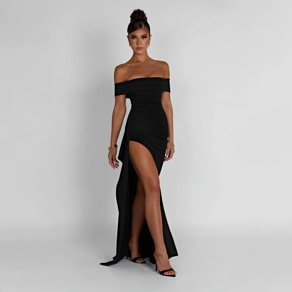 Off-Shoulder Ruched Wedding Guest Maxi Dress for Women