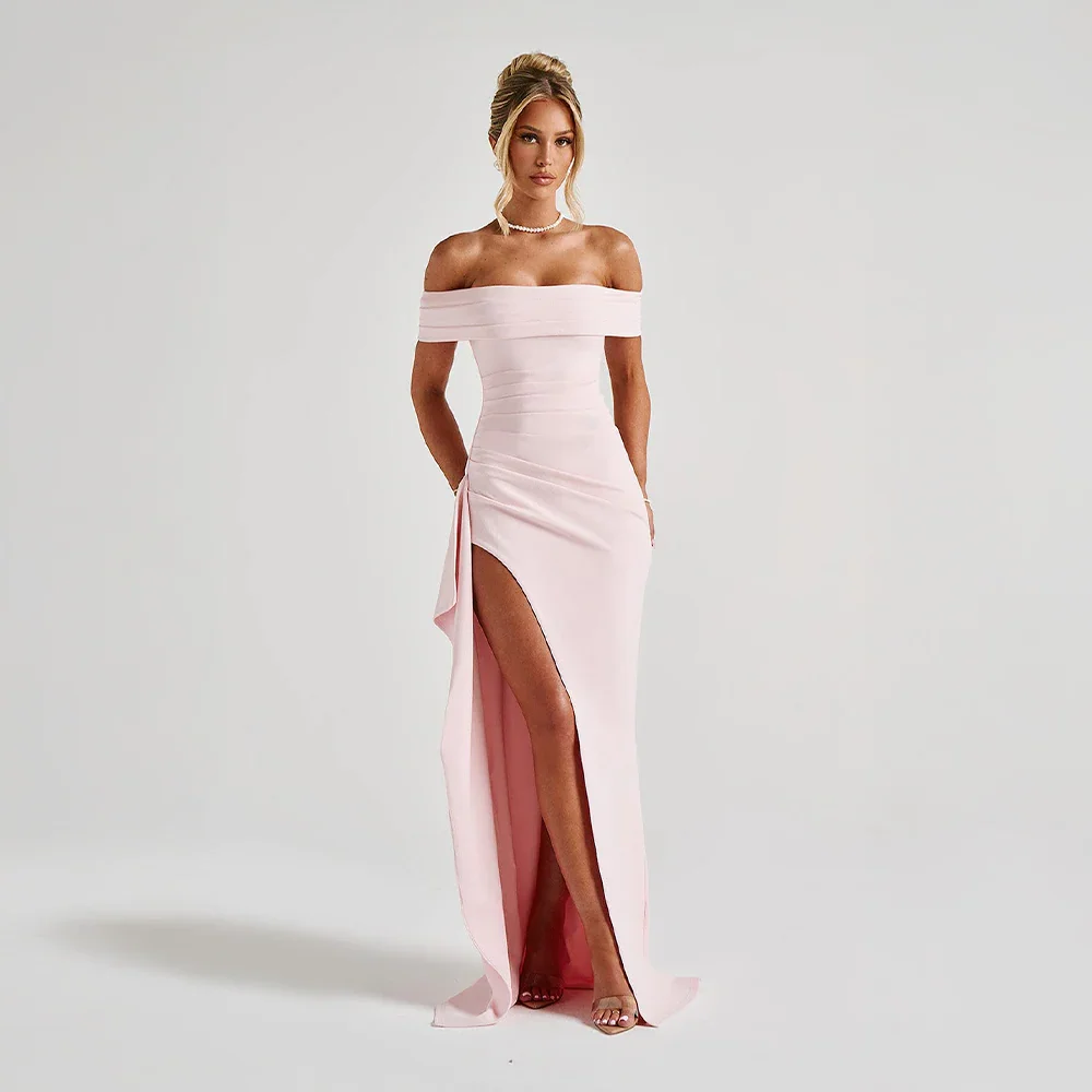 Off-Shoulder Ruched Wedding Guest Maxi Dress for Women