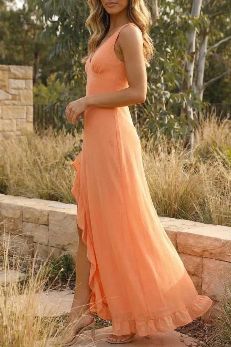 Sleeveless V-Neck Wedding Guest Maxi Dress with Split for Women